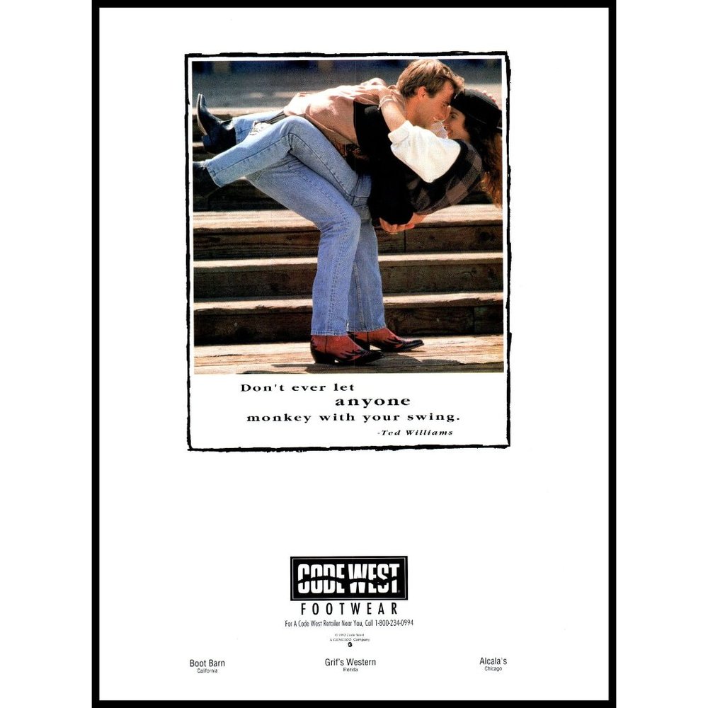 1992 Code West Footwear Cowboy Boots Vintage Print Ad Denim Jeans Wall Art